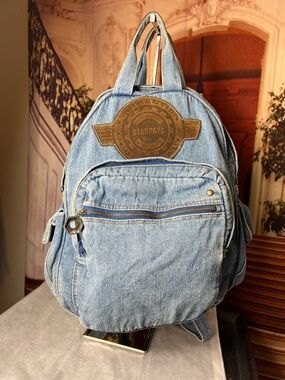 Vintage Gitano Blue Denim Backpack, top zip, front zip compartments, side pocket